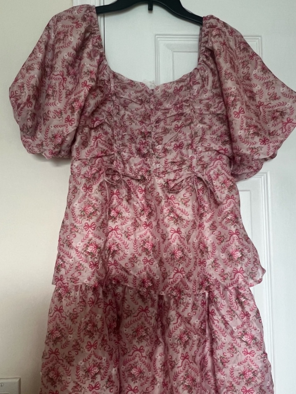 Pink Floral Tiered Puff Sleeve Dress